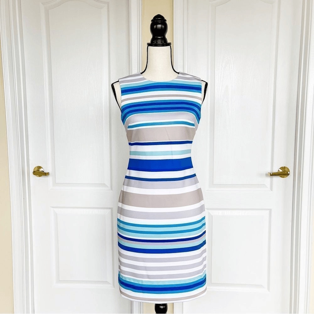 Calvin Klein White and Blue Sheath Dress Sleeveless Crew Neck Midi
